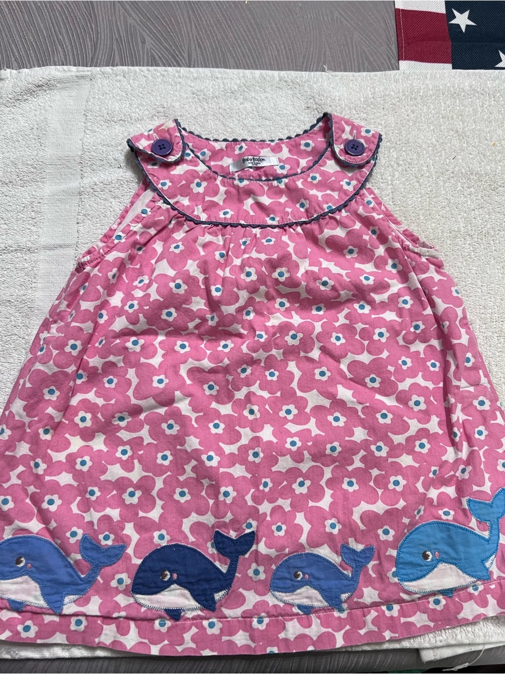 Baby Boden Girls 2-3Y Pink Floral Whale Applique Dress Cotton Lined